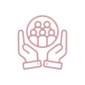 Hands protect a group of people symbolizing care and community.